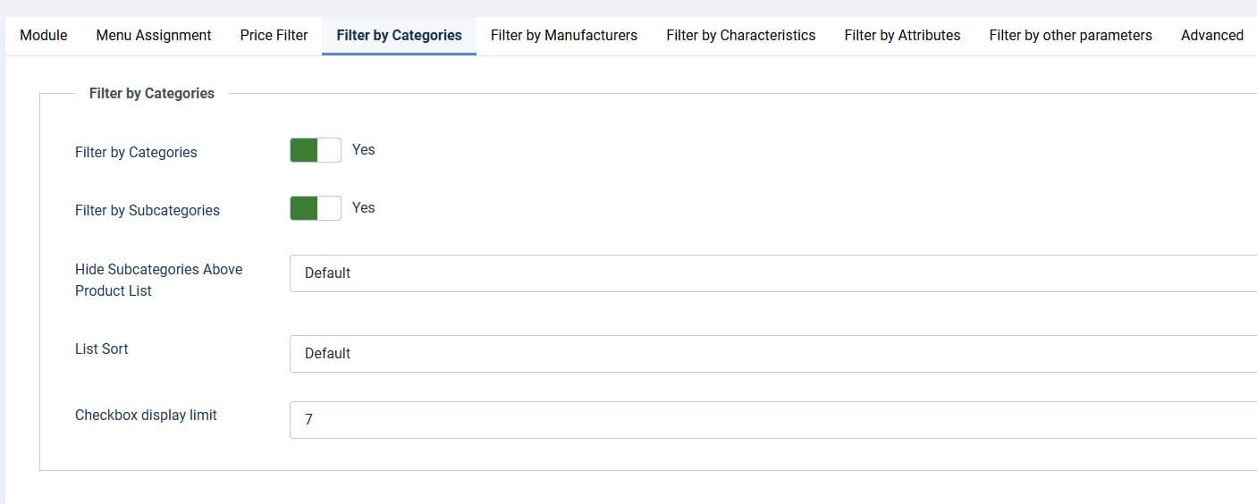 Фільтр товарів JoomShopping налаштування фільтра за категоріями