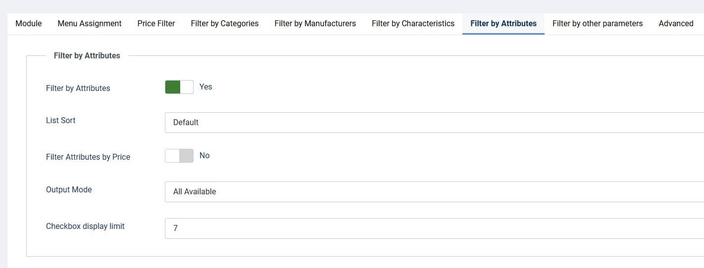 Фільтр товарів JoomShopping налаштування фільтра по атрибутах