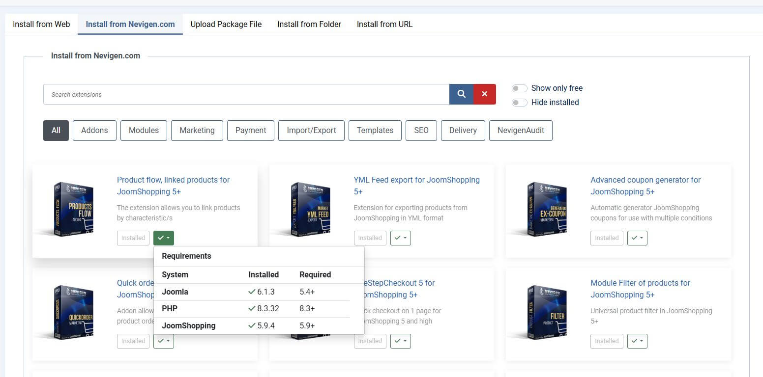 Nevigen Installer — extension installation and system requirements check